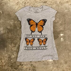 Wound Up Gray and Orange Short Sleeve Tee with Butterfly Design